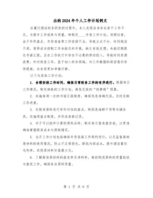 出纳2024年个人工作计划例文（4篇）