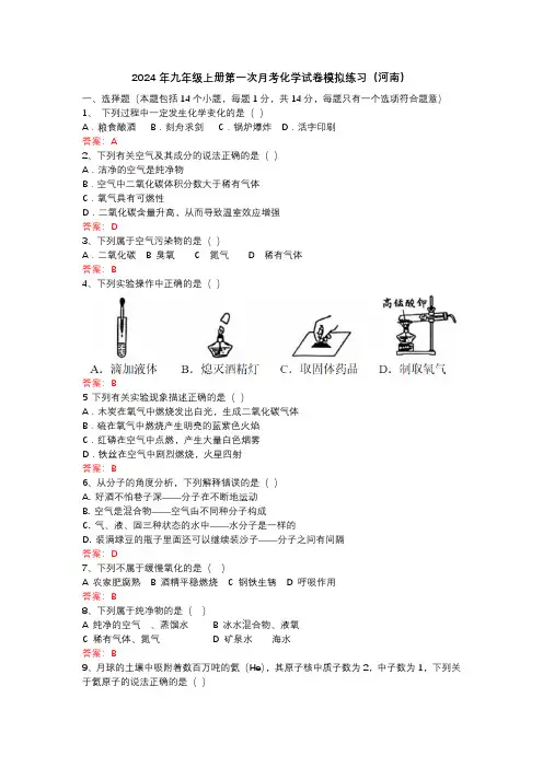 2024年九年级上册第一次月考化学试卷模拟练习(河南)-解析版