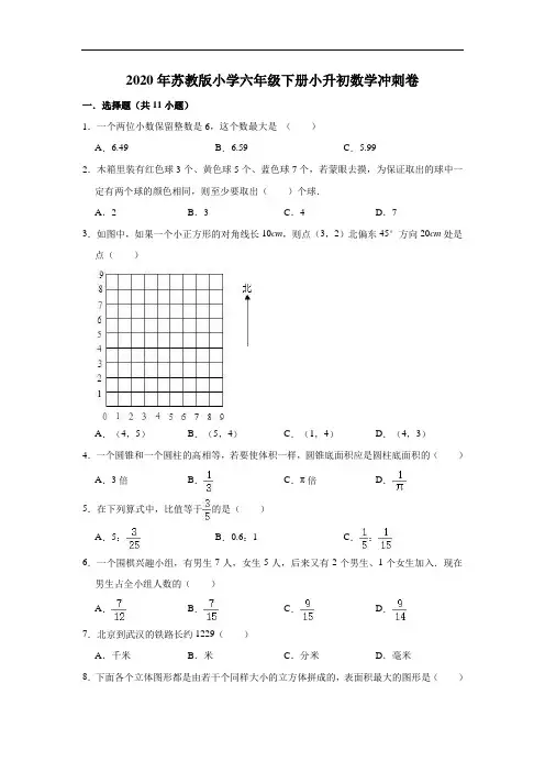 2020年苏教版小学六年级下册小升初数学冲刺卷(2)(有答案)