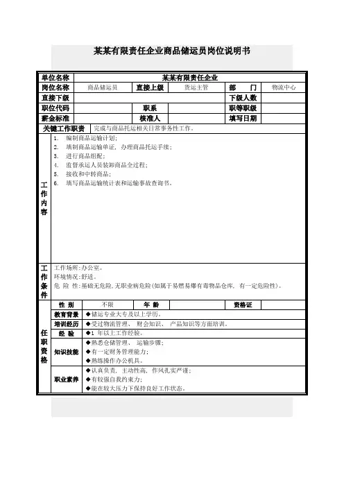 商品储运员岗位说明书