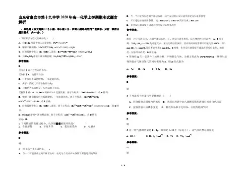 山东省泰安市第十九中学2020年高一化学上学期期末试题含解析