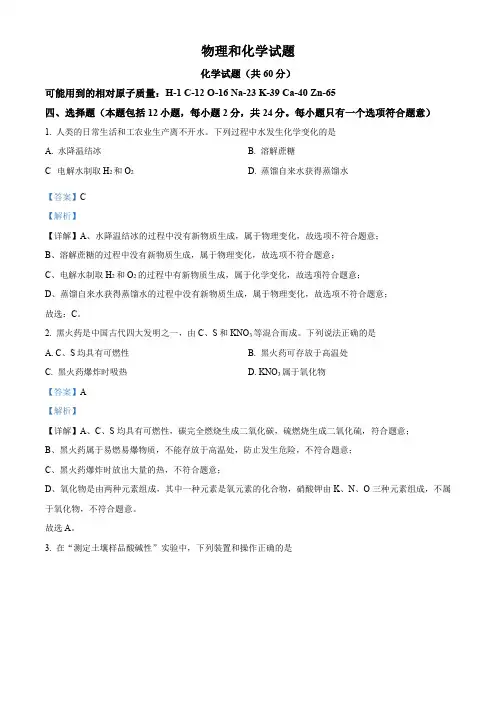 精品解析：2024年江苏省连云港市中考化学真题(解析版)