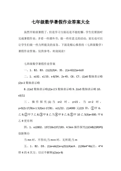 七年级数学暑假作业答案大全