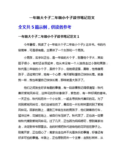 一年级大个子二年级小个子读书笔记范文