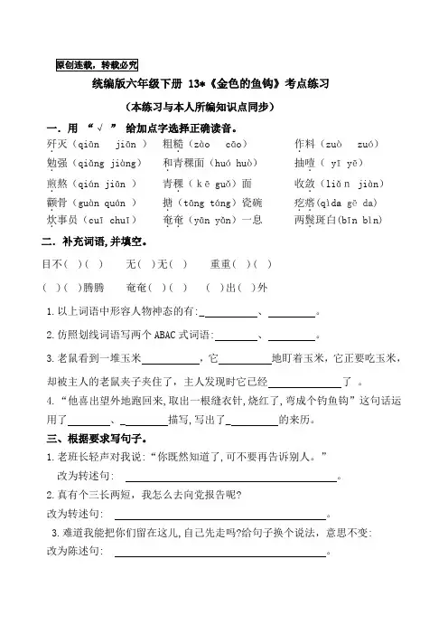 统编版六年级下册13.《金色的鱼钩》课时考点名师汇编