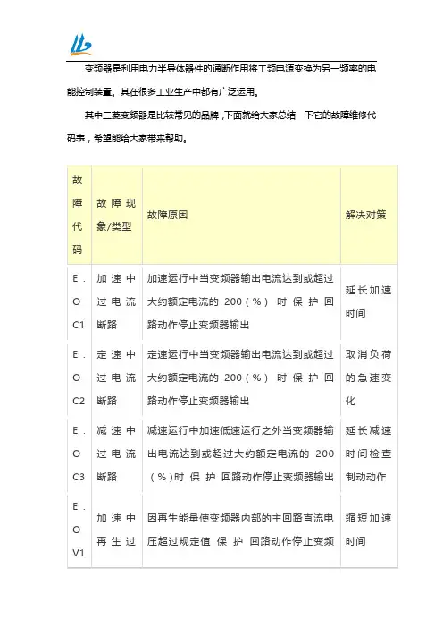 三菱变频器故障维修代码表大全
