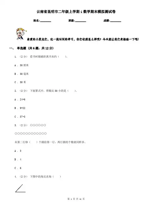 云南省昆明市二年级上学期i数学期末模拟测试卷