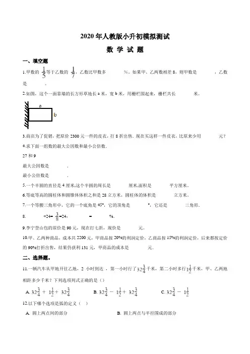 人教版六年级数学小升初考试试卷附答案