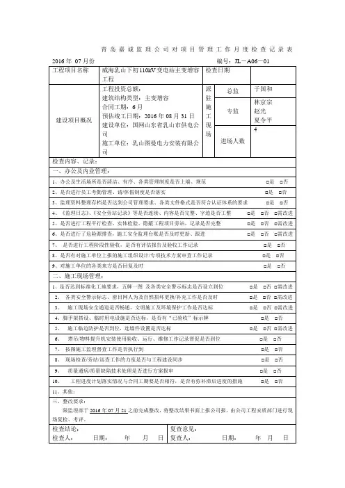 监理公司对项目管理工作月度检查记录表