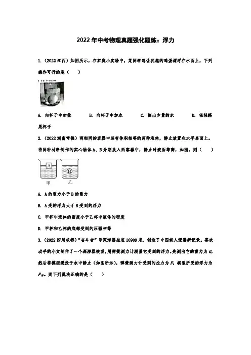 2022年中考物理真题强化题练：浮力(Word版含答案)