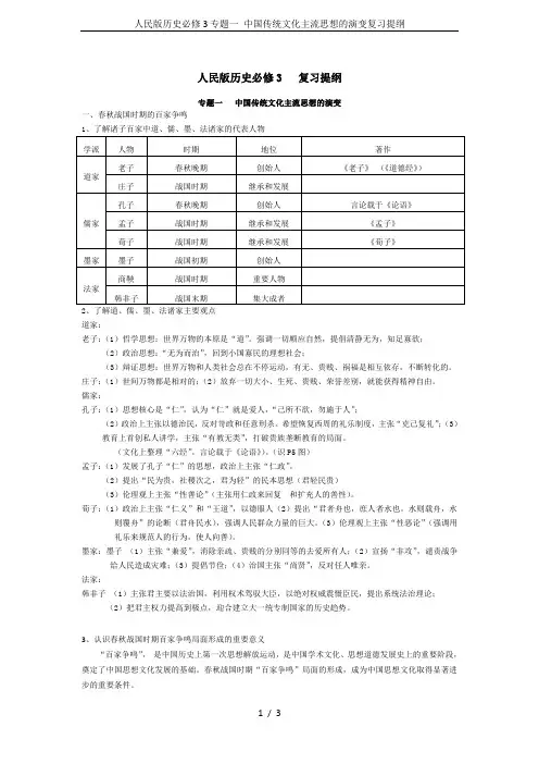人民版历史必修3专题一 中国传统文化主流思想的演变复习提纲