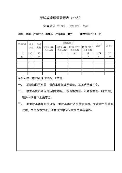 个人期中考试质量分析毛