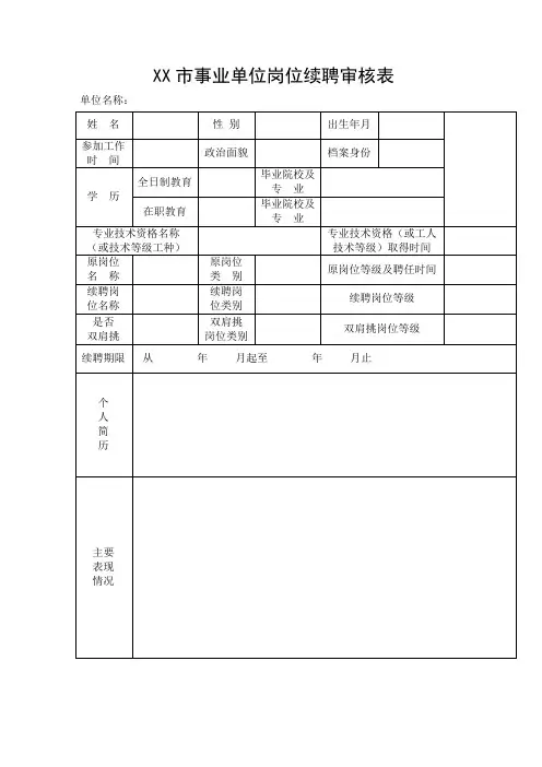 XX市事业单位岗位续聘审核表