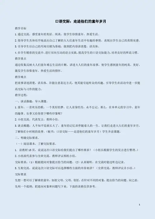 2020年春学期五年级语文下册口语交际《走进他们的童年岁月》教案及随堂练附答案