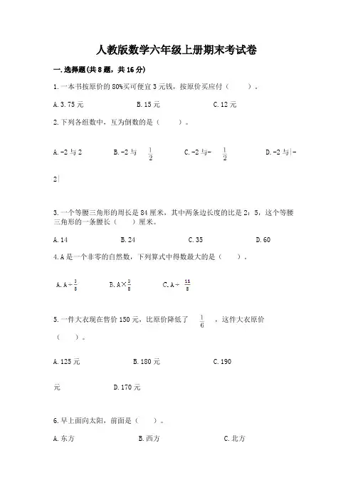 人教版数学六年级上册期末考试卷(易错题)word版