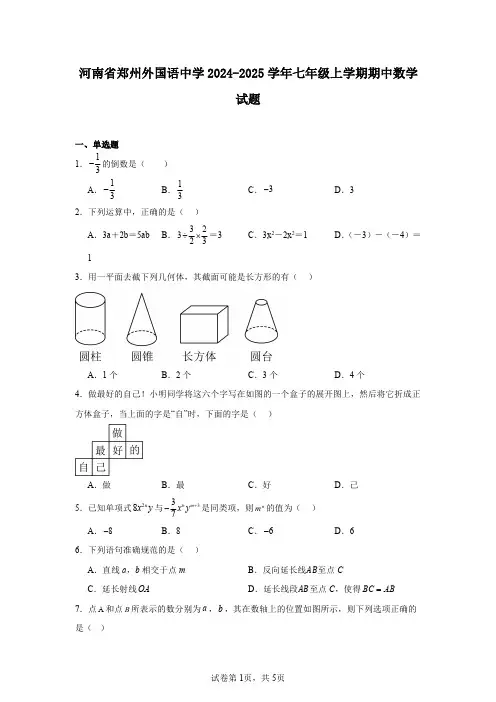 河南省郑州外国语中学2024-2025学年七年级上学期期中数学试题