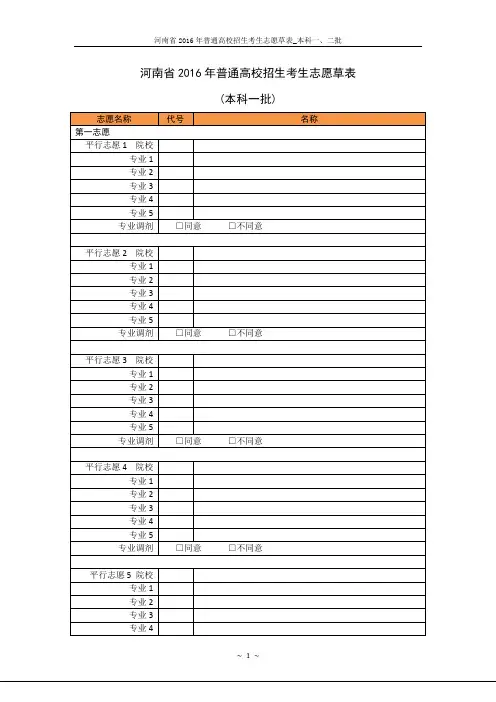 河南省2016年普通高校招生考生志愿草表_本科一、二批