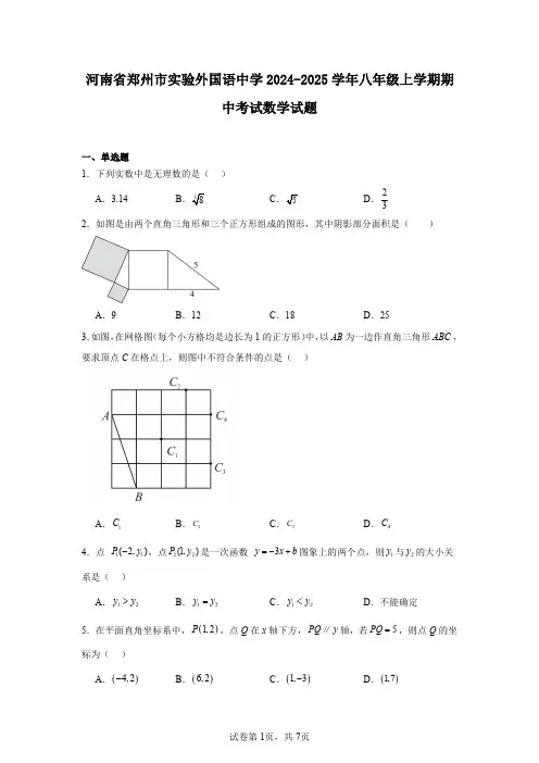 河南省郑州市实验外国语中学2024-2025学年八年级上学期期中考试数学试题