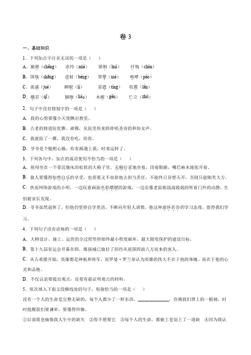 卷3-九年级语文下册综合检测必刷卷(全国通用)(原卷版+解析)