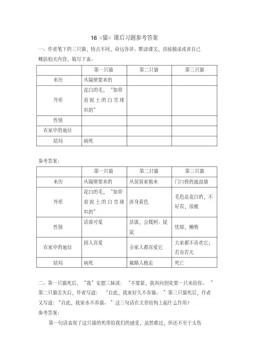 部编新教材七年级语文上册-16《猫》课后习题参考答案