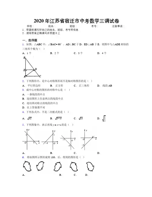 2020年江苏省宿迁市中考数学三调试卷附解析