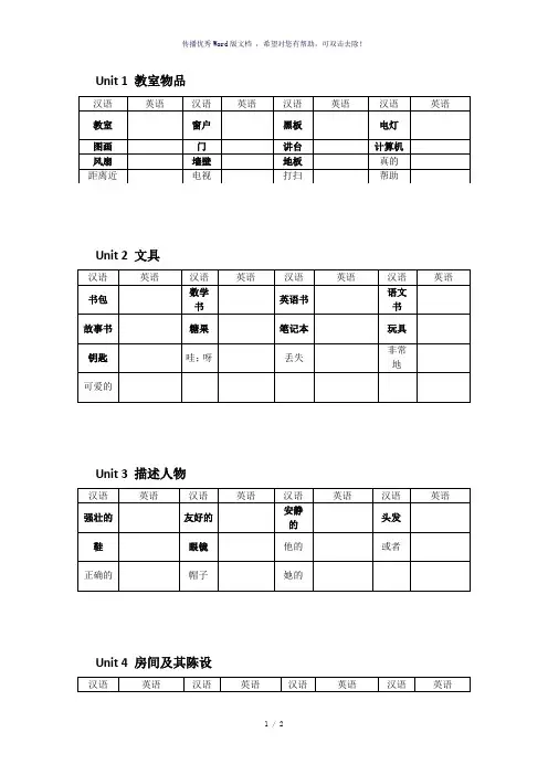 四年级上册英语单词默写表