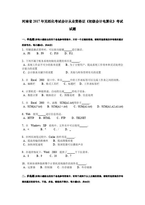 河南省2017年无纸化考试会计从业资格证《初级会计电算化》考试试题