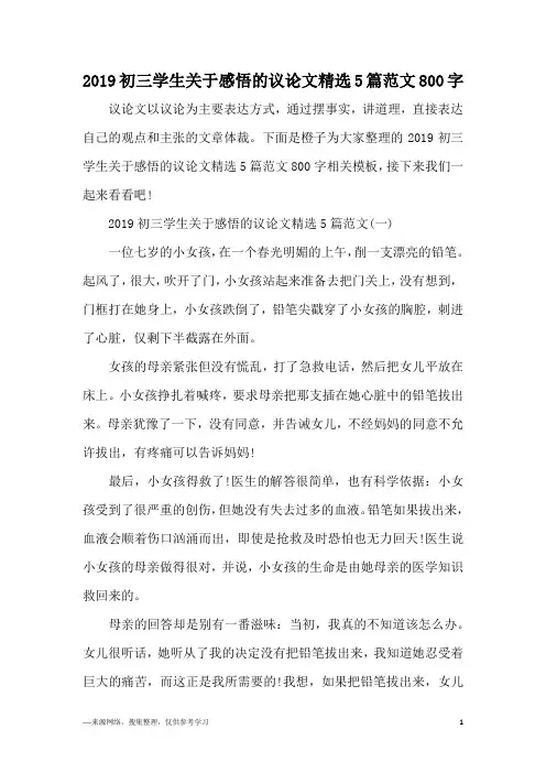2019初三学生关于感悟的议论文精选5篇范文800字