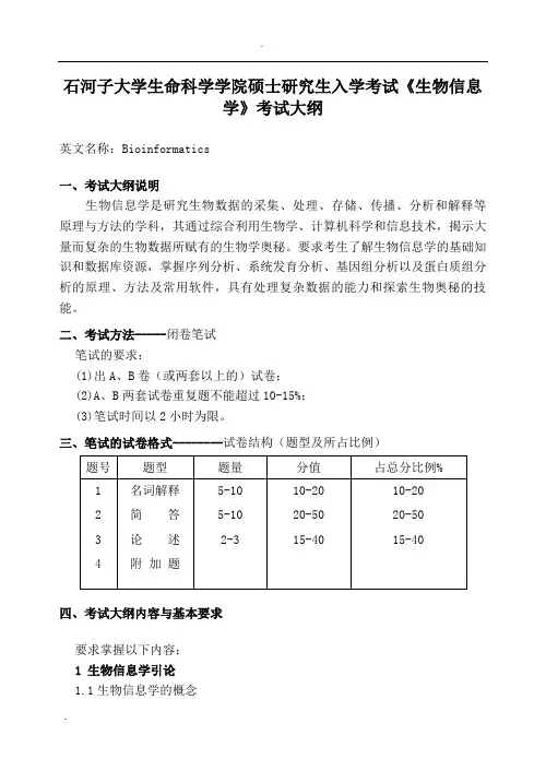 石河子大学复试科目考试大纲-生物信息学考试大纲
