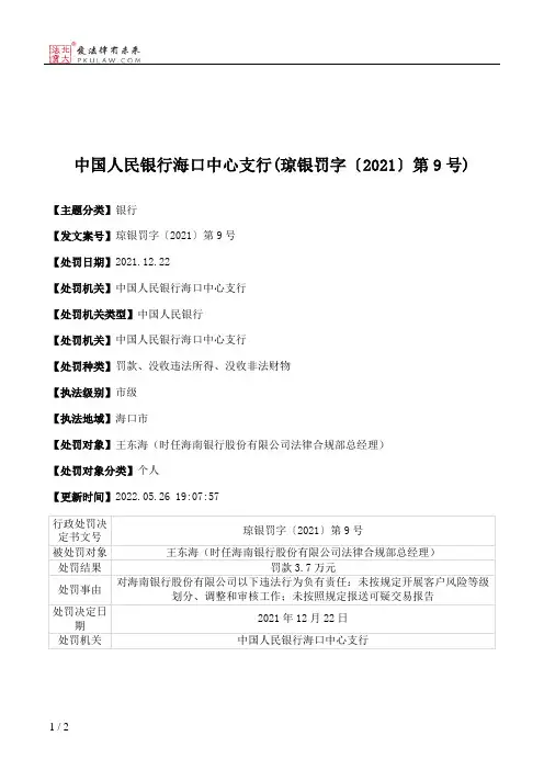 中国人民银行海口中心支行(琼银罚字〔2021〕第9号)