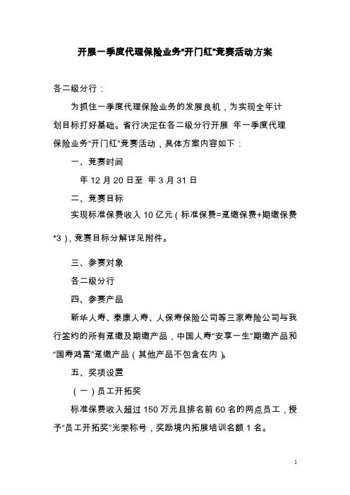 开展一季度代理保险业务 开门红 竞赛活动方案