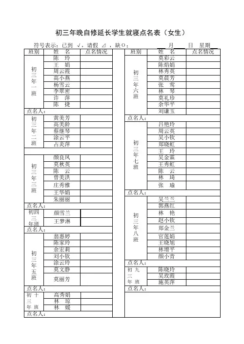 初三年晚自修延长学生就寝点名表(男女生)