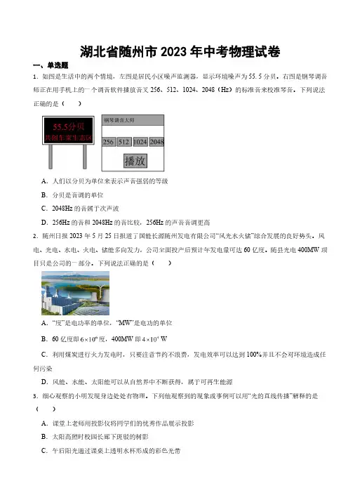 湖北省随州市2023年中考物理试卷((附参考答案))
