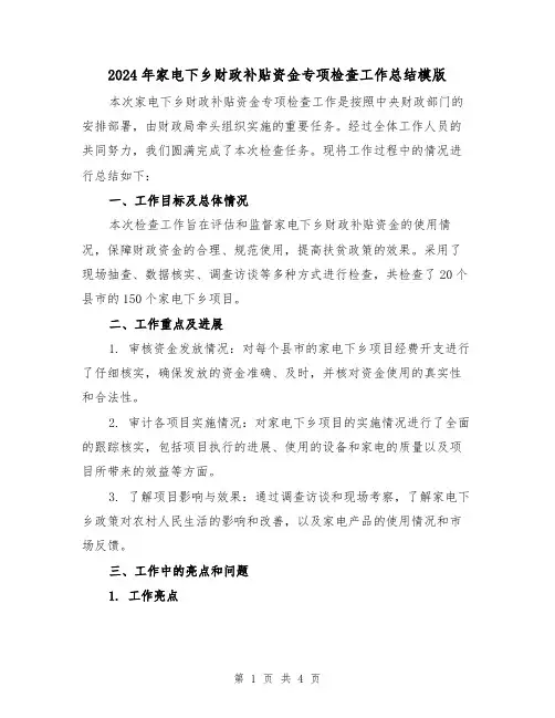2024年家电下乡财政补贴资金专项检查工作总结模版（2篇）