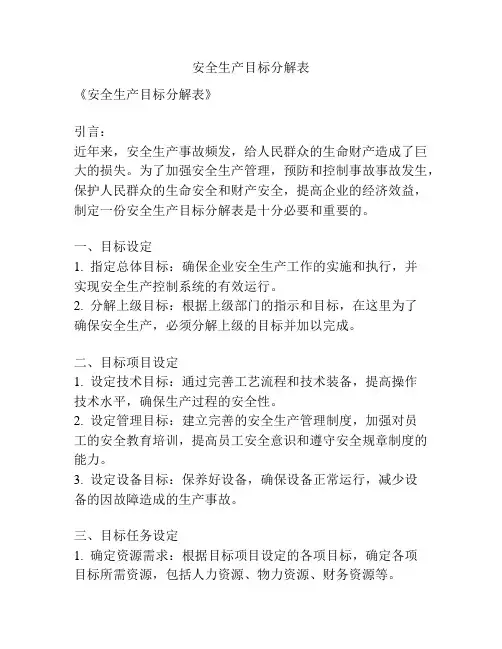 安全生产目标分解表