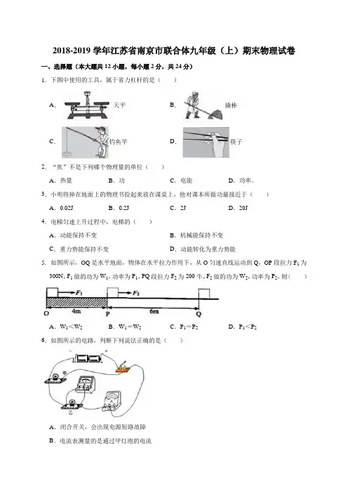 2018-2019学年江苏省南京市联合体九年级(上)期末物理试卷(解析版)