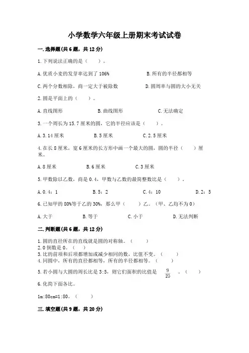 小学数学六年级上册期末考试试卷附参考答案(实用)