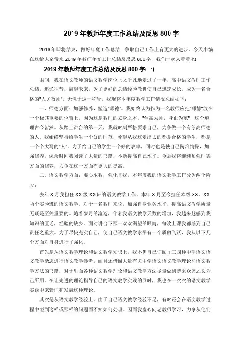 2019年教师年度工作总结及反思800字