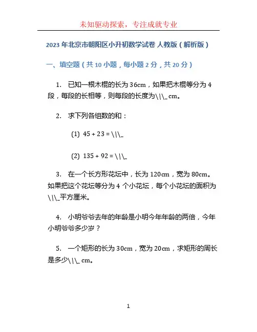 2023年北京市朝阳区小升初数学试卷    人教版(解析版)