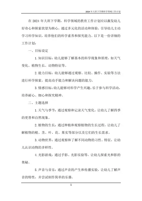 2024年大班下学期科学领域工作计划