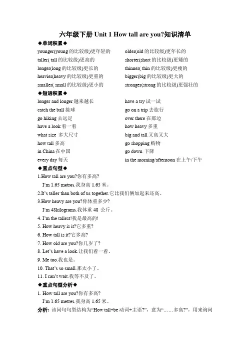 Unit1Howtallareyou？(知识清单)-2023-2024学年人教PEP版英语六年级下册