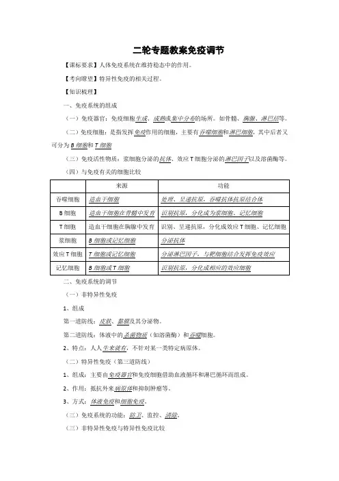 高三生物二轮专题复习教案：免疫调节