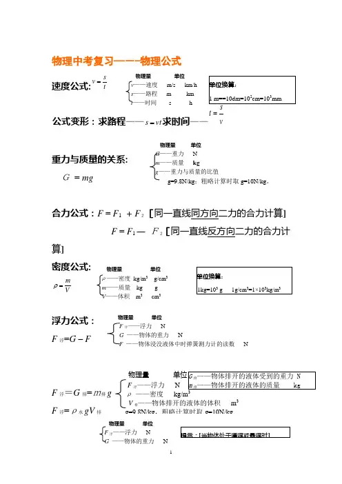 初中物理中考常用公式 总结