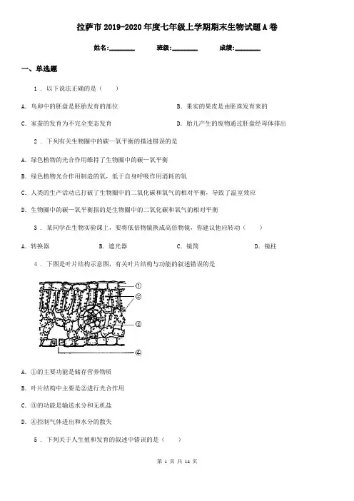 拉萨市2019-2020年度七年级上学期期末生物试题A卷