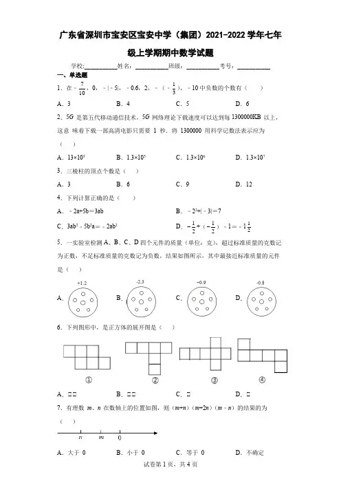 广东省深圳市宝安区宝安中学(集团)2021-2022学年七年级上学期期中数学试题