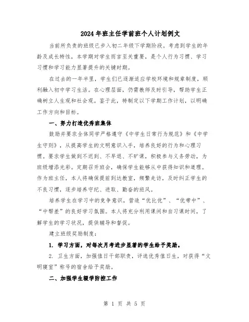 2024年班主任学前班个人计划例文(三篇)