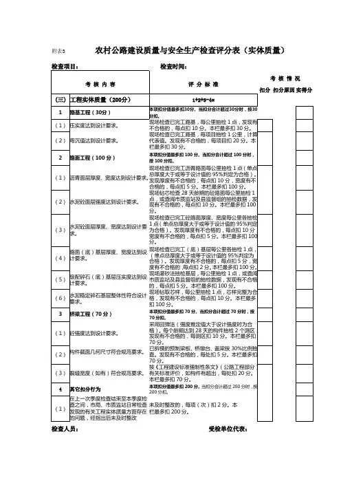 附表3农村公路建设质量与安全生产检查评分表实体质量