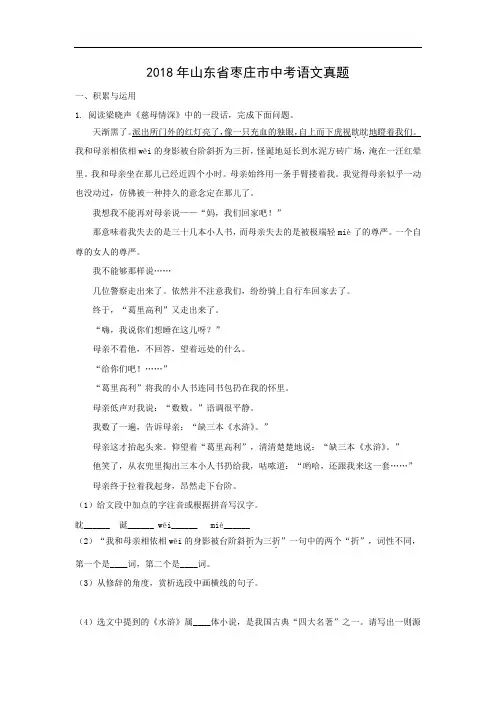 【语文】2018年山东省枣庄市中考真题(解析版) (1)