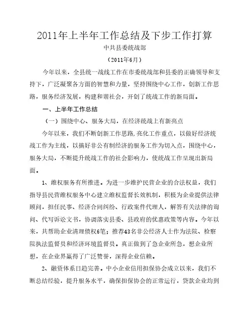 2011年上半年统战工作总结及下步工作打算