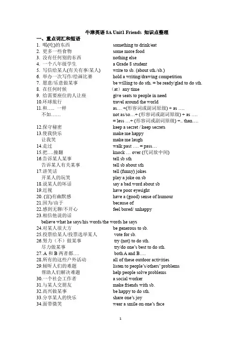 牛津译林英语8A Unit1 Friends知识点